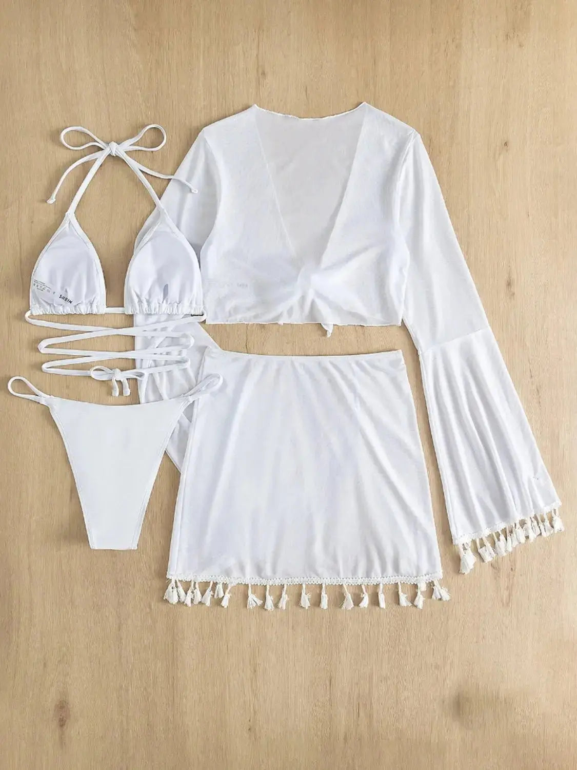 Halter Neck Bra, Bottom, Tassel Flare Sleeve Cover-Up and Skirt Four-Piece Swim Set Trendsi