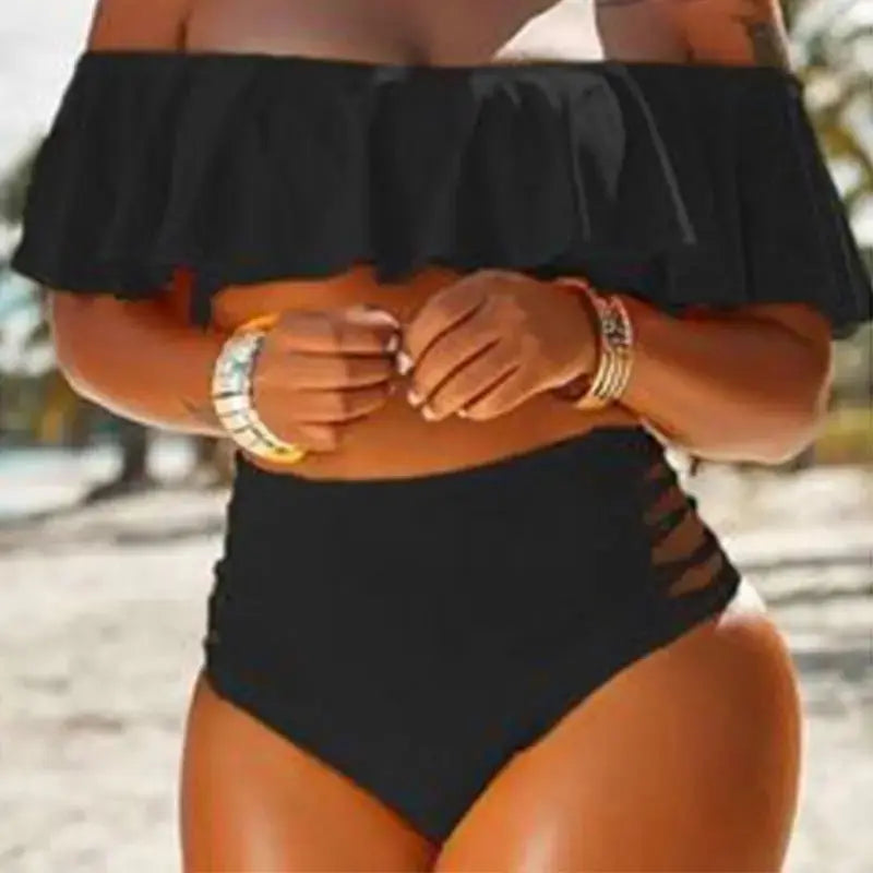 "Beach Babe Chic: Make a Splash in the Latest Women's Fashion with Our New Split Swimsuit Off-Shoulder Ruffled Split Beach Bikini!" Trendsi