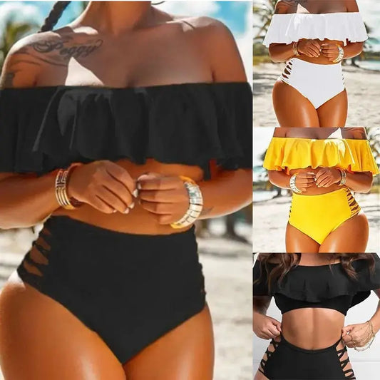 "Beach Babe Chic: Make a Splash in the Latest Women's Fashion with Our New Split Swimsuit Off-Shoulder Ruffled Split Beach Bikini!" Trendsi